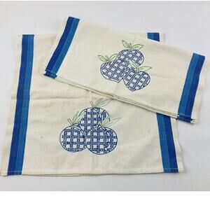 Set 2 Embroidered Cross Stitch Tea Towel French Country Blue Apple Fruit Peaches